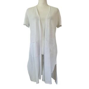 Eileen Fisher 100% Organic Linen Long Open Cardigan Size XS White Coastal Beachy